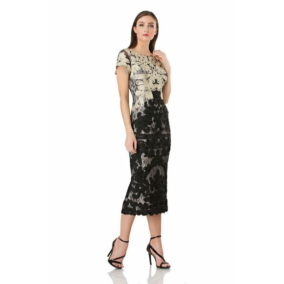 New! JS COLLECTIONS Soutache Embroidered 2-Tone Midi Sheath Dress Gold Black - Picture 2 of 3